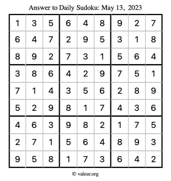 Answer to sudoku May 13, 2023