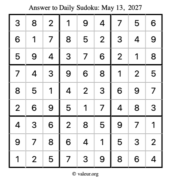 Answer to sudoku May 13, 2027
