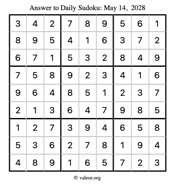 Answer to sudoku May 14, 2028
