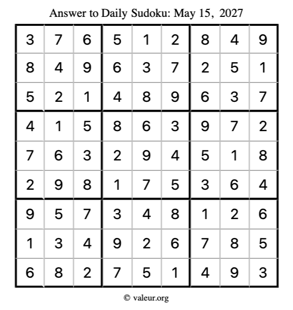Answer to sudoku May 15, 2027