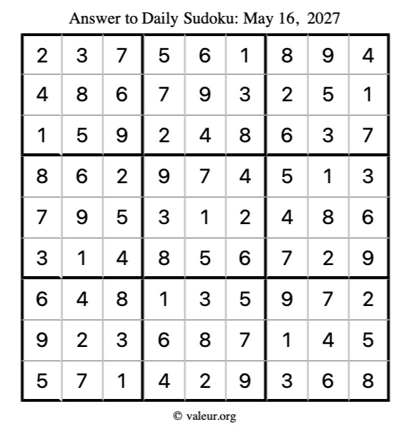 Answer to sudoku May 16, 2027