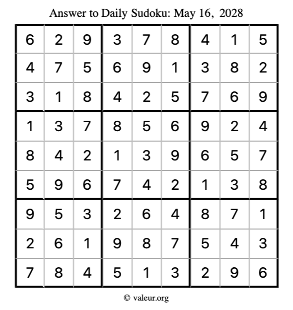 Answer to sudoku May 16, 2028
