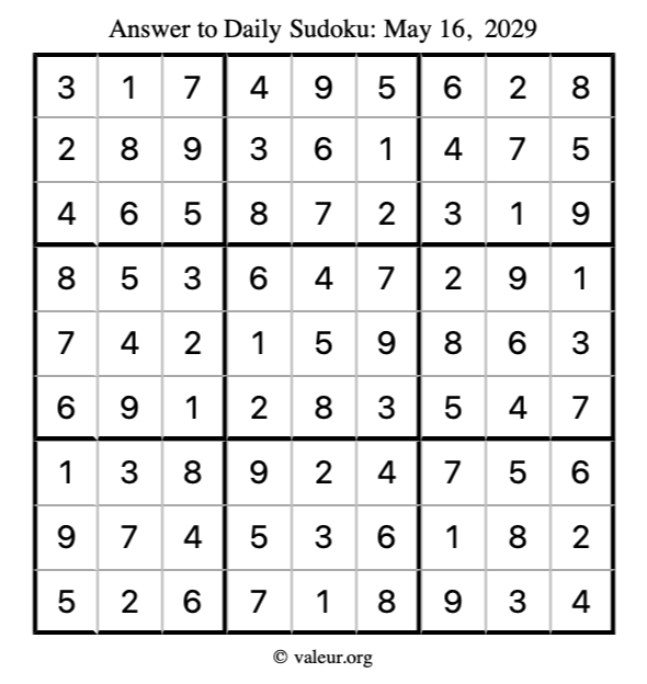 Answer to sudoku May 16, 2029