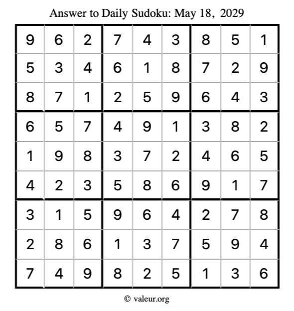 Answer to sudoku May 18, 2029