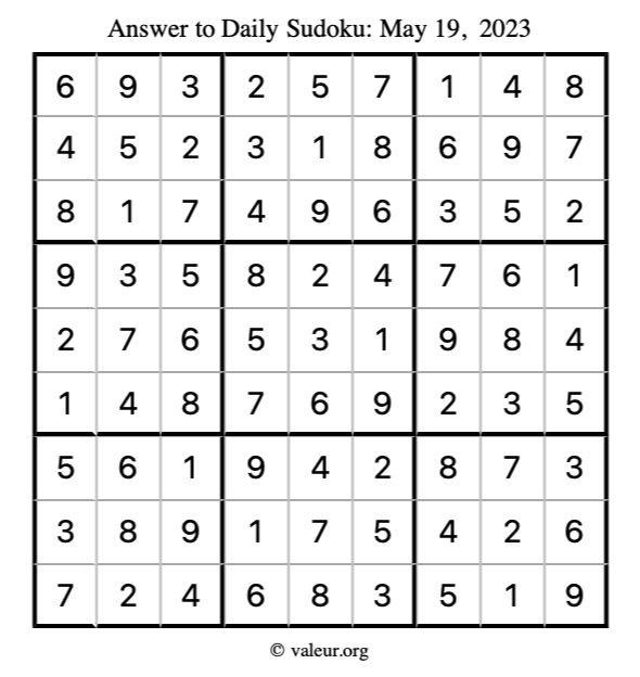 Answer to sudoku May 19, 2023