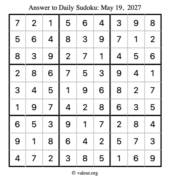 Answer to sudoku May 19, 2027