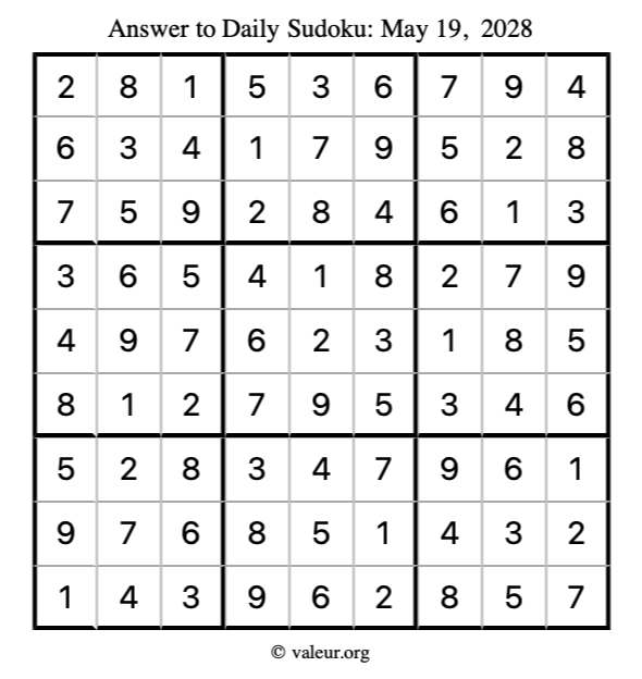 Answer to sudoku May 19, 2028