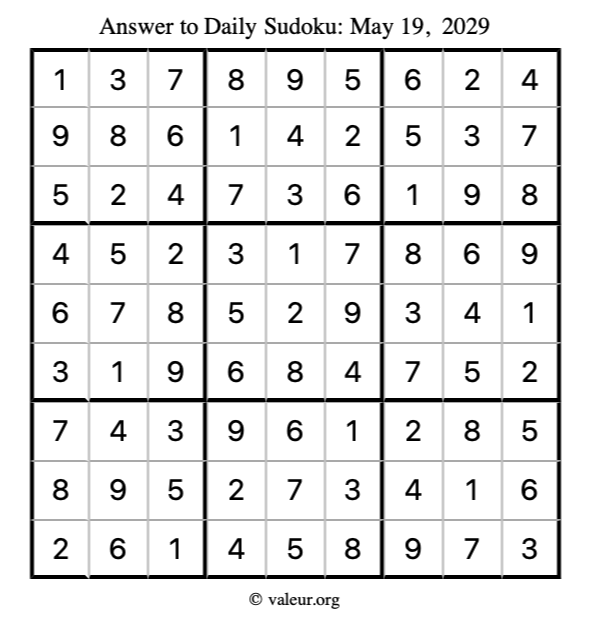 Answer to sudoku May 19, 2029