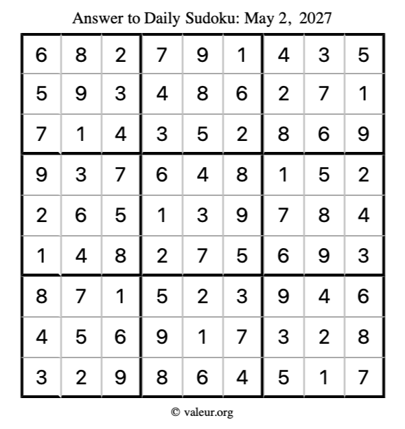 Answer to sudoku May 2, 2027