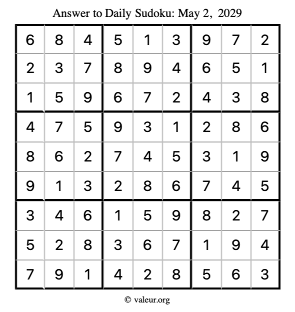 Answer to sudoku May 2, 2029