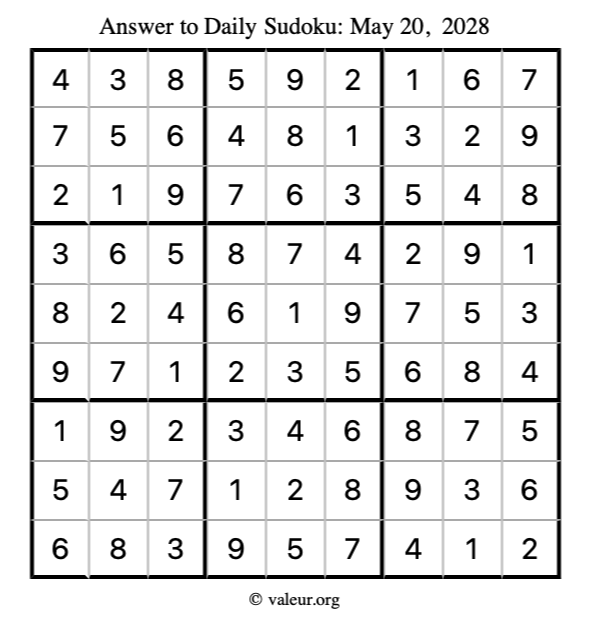 Answer to sudoku May 20, 2028
