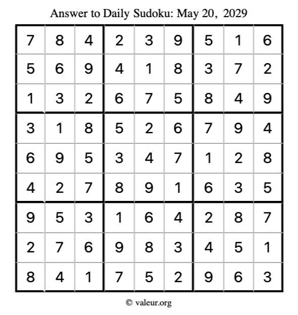 Answer to sudoku May 20, 2029