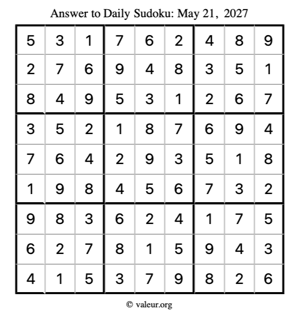Answer to sudoku May 21, 2027