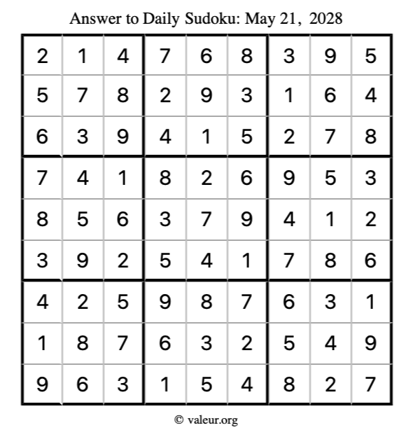 Answer to sudoku May 21, 2028