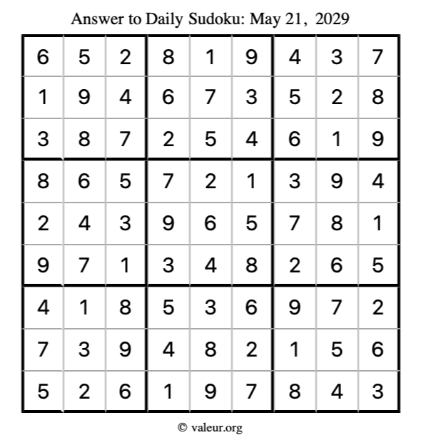 Answer to sudoku May 21, 2029