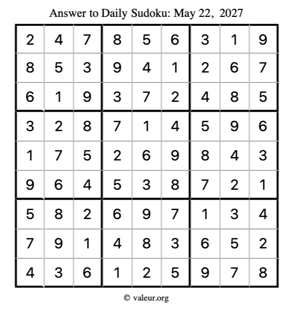 Answer to sudoku May 22, 2027