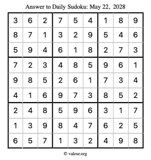 Answer to sudoku May 22, 2028