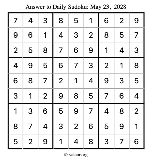 Answer to sudoku May 23, 2028