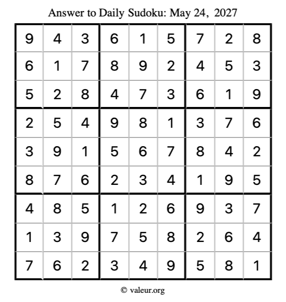 Answer to sudoku May 24, 2027