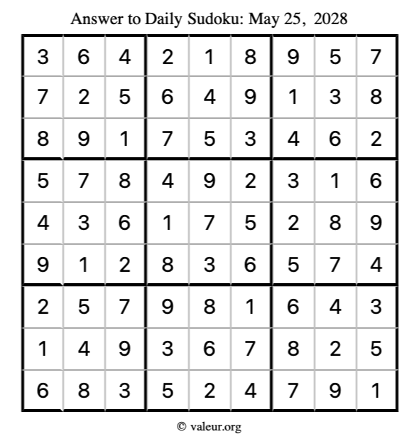 Answer to sudoku May 25, 2028