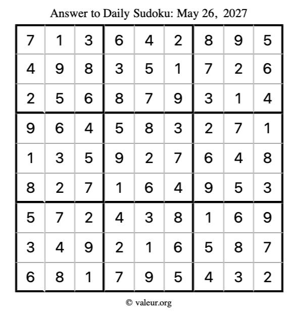 Answer to sudoku May 26, 2027