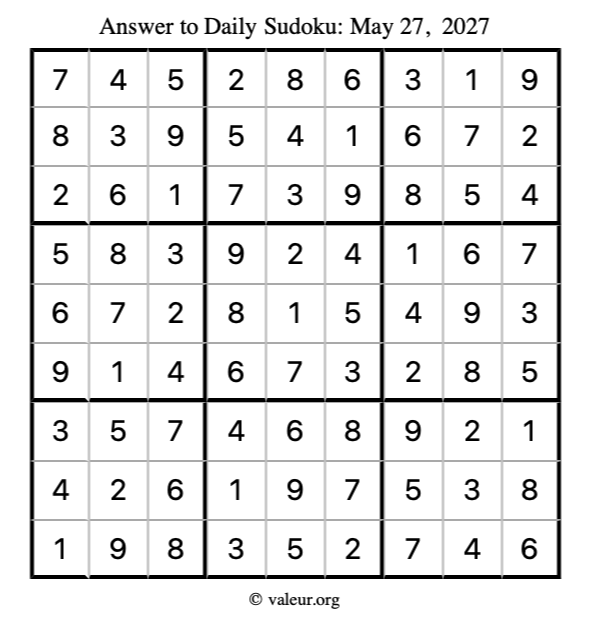 Answer to sudoku May 27, 2027