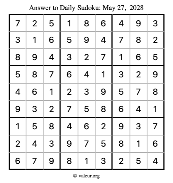 Answer to sudoku May 27, 2028