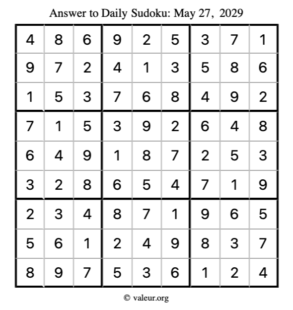 Answer to sudoku May 27, 2029