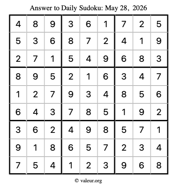 Answer to sudoku May 28, 2026