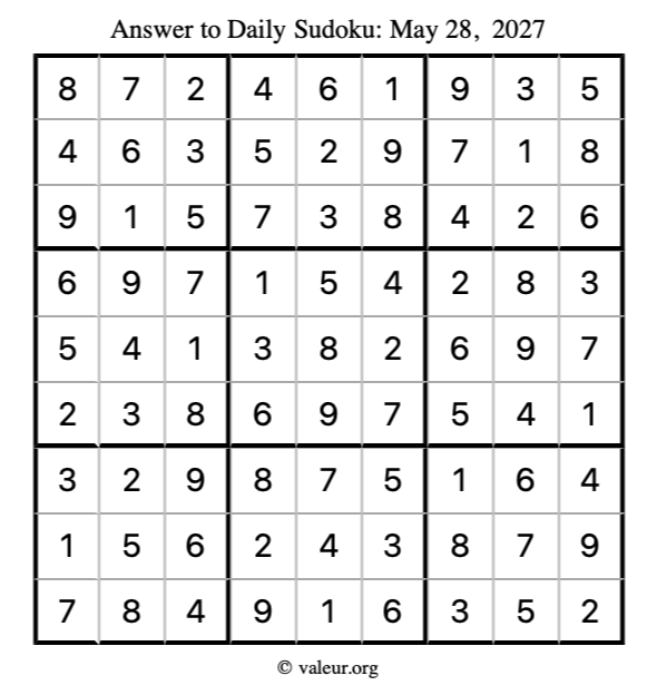 Answer to sudoku May 28, 2027