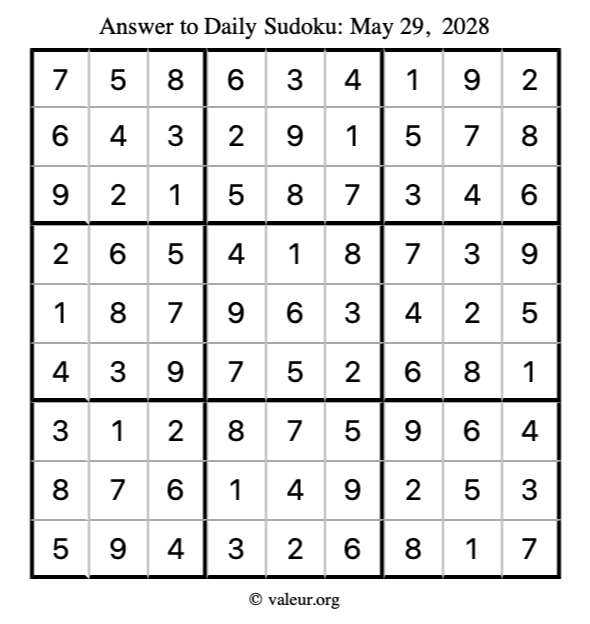 Answer to sudoku May 29, 2028