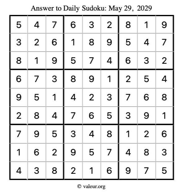 Answer to sudoku May 29, 2029