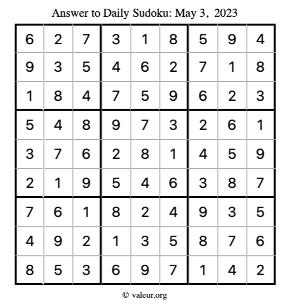 Answer to sudoku May 3, 2023
