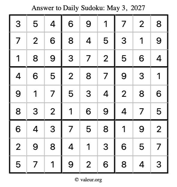 Answer to sudoku May 3, 2027