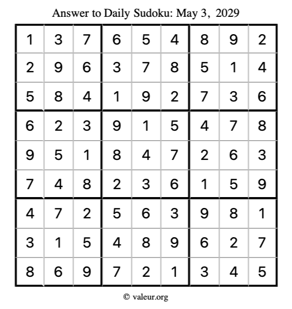 Answer to sudoku May 3, 2029