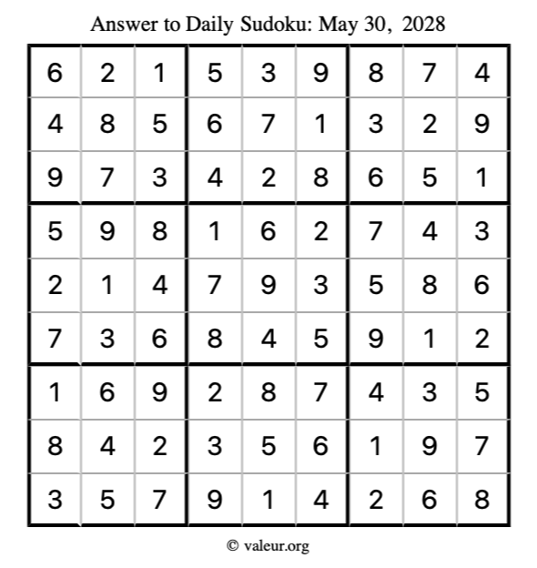 Answer to sudoku May 30, 2028
