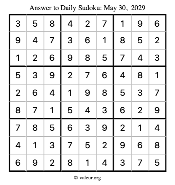 Answer to sudoku May 30, 2029