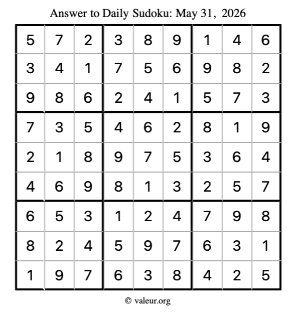 Answer to sudoku May 31, 2026