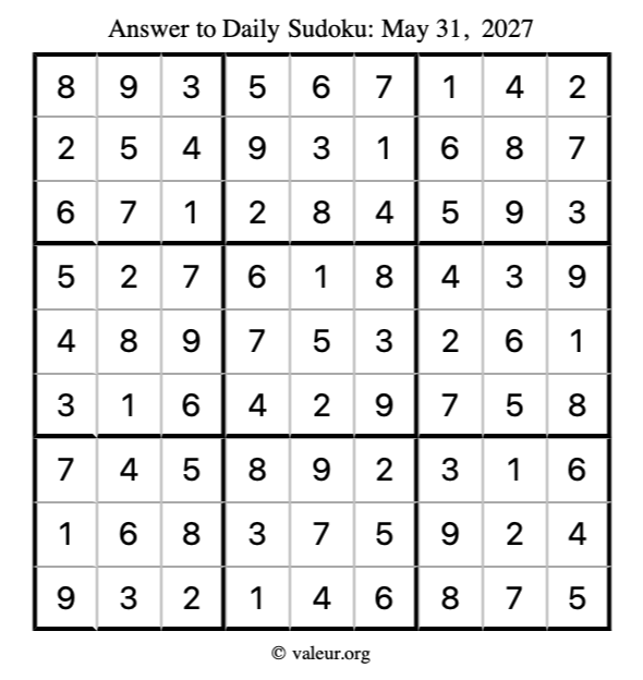 Answer to sudoku May 31, 2027