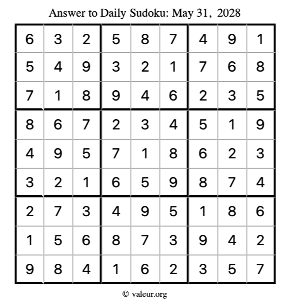 Answer to sudoku May 31, 2028