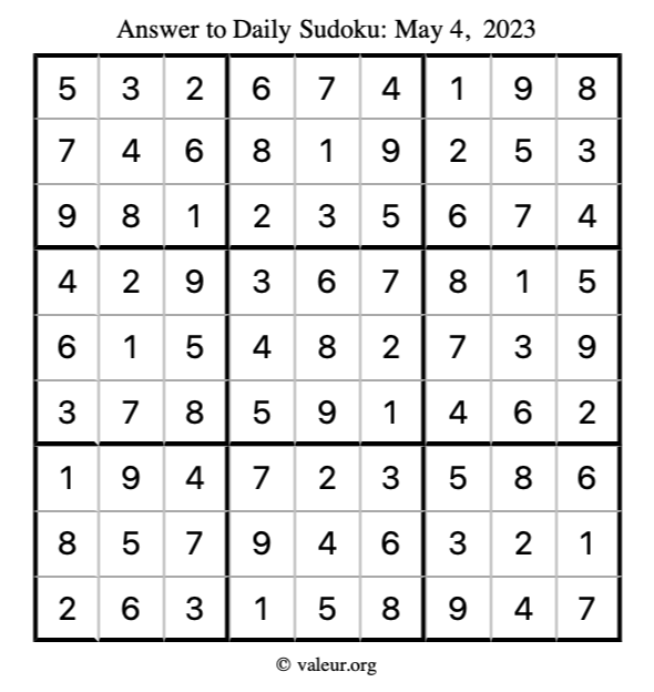 Answer to sudoku May 4, 2023