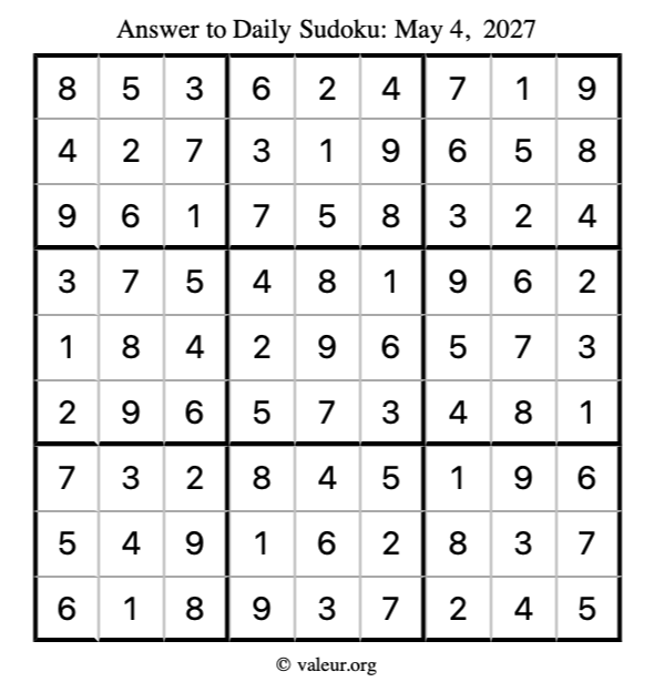 Answer to sudoku May 4, 2027