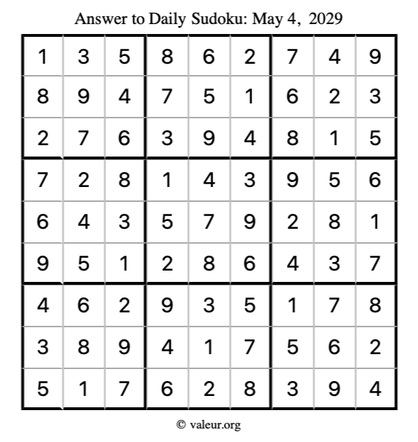 Answer to sudoku May 4, 2029
