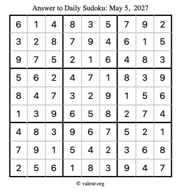Answer to sudoku May 5, 2027