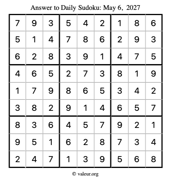 Answer to sudoku May 6, 2027