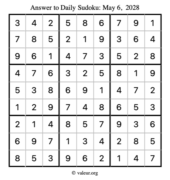 Answer to sudoku May 6, 2028