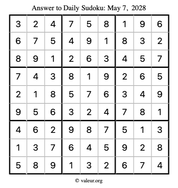 Answer to sudoku May 7, 2028