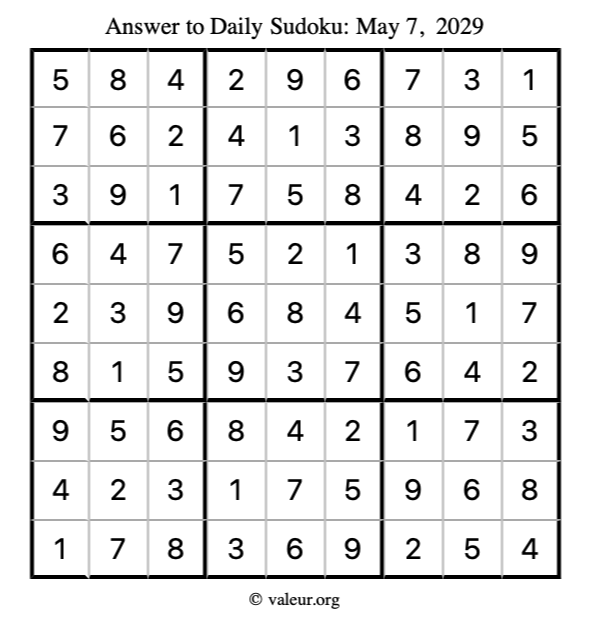 Answer to sudoku May 7, 2029