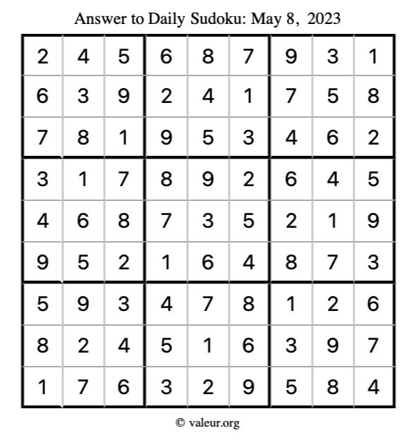 Answer to sudoku May 8, 2023