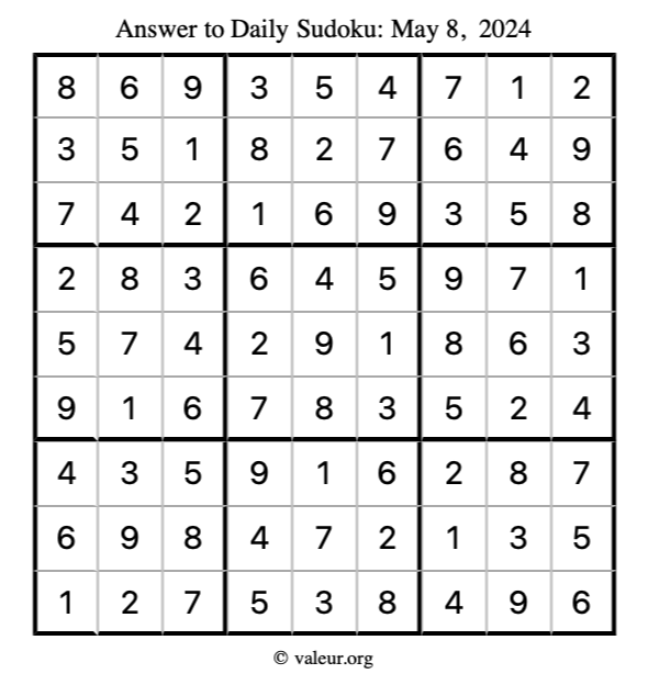 Answer to sudoku May 8, 2024